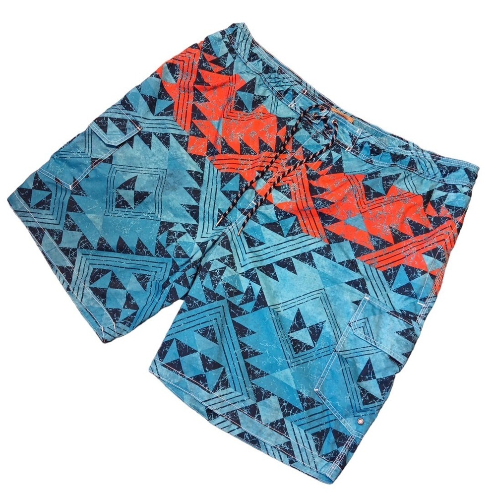 The Foundry Blue Orange Board Shorts Pockets Geometric Southwest Print Sz 3XL
